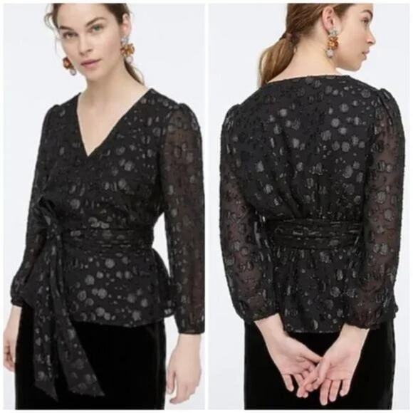 J. Crew Tie-waist V-neck top in metallic dot jacquard black medium - Picture 2 of 6